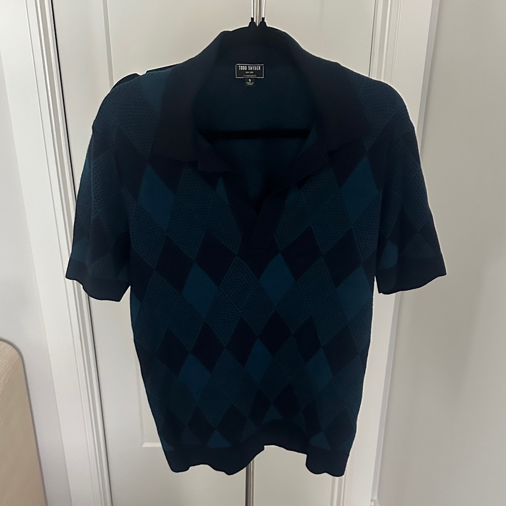 Todd Snyder Teal & Navy Argyle Knit Polo